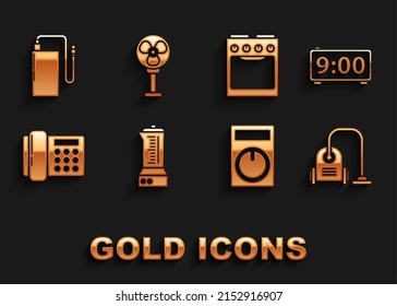 Set Blender, Digital alarm clock, Vacuum cleaner, Remote control, Telephone, Oven, Power bank with different charge cable and Electric fan icon. Vector