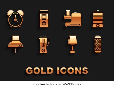 Set Blender, Double boiler, Stereo speaker, Table lamp, Kitchen extractor fan, meat grinder, Alarm clock and Remote control icon. Vector