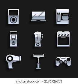 Set Blender, Electric heater, Gamepad, Oven, Hair dryer, Remote control, Coffee machine with glass pot and Music player icon. Vector