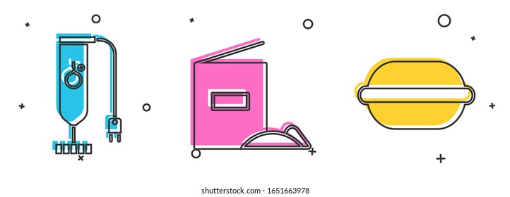 Set Blender , Flour pack  and Macaron cookie  icon. Vector