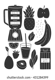 Set of blender and fruits for smoothie. Hand drawn vector illustration. Black and white kitchen poster