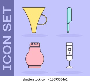Set Blender, Funnel or filter, Salt and pepper and Knife icon. Vector