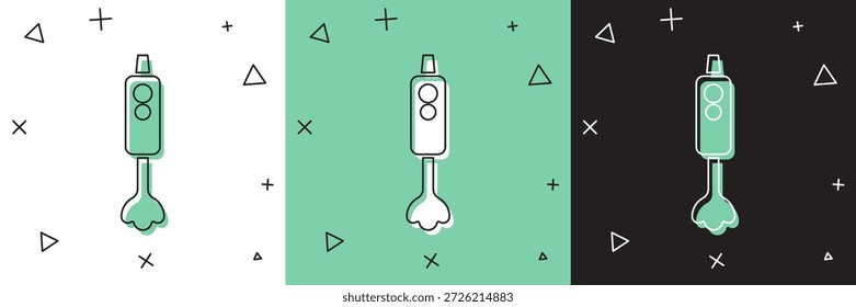Conjunto icono de la licuadora aislado en blanco y verde, fondo negro. Cocina batidora eléctrica estacionaria con cuenco. Cocinar batidos, cóctel o jugo.  Vector