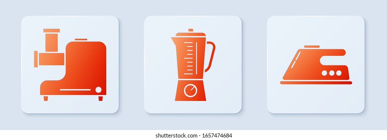Poner en juego el amolladero , el triturador de carne de cocina y el hierro eléctrico . Botón cuadrado blanco. Vector