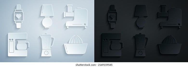 Set Blender, Kitchen Meat Grinder, Coffee Machine With Glass Pot, Citrus Fruit Juicer, Table Lamp And Smart Watch Showing Heart Beat Rate Icon. Vector