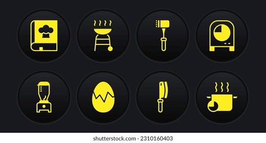 Set Blender, Kitchen timer, Broken egg, Meat chopper, hammer, Barbecue grill, Cooking pot and Cookbook icon. Vector