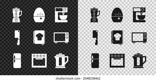 Set Blender, Kitchen timer, Electric mixer, Refrigerator, Oven, kettle, Meat chopper and Cookbook icon. Vector