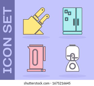 Set Blender, Knife, Kettle with handle and Refrigerator icon. Vector