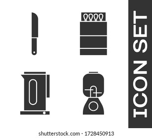 Establece Blender, Knife, Kettle con asa y Abrir la caja de cerillas y coincide con el icono. Vector