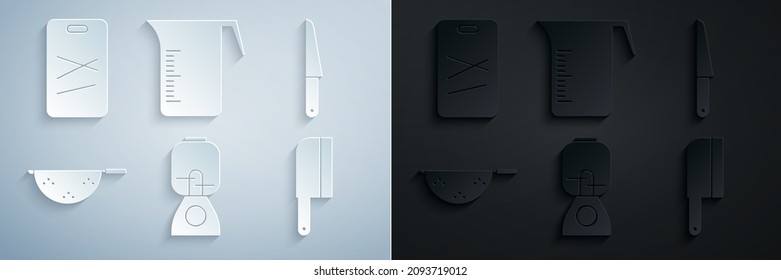Set Blender, Knife, Kitchen colander, Meat chopper, Measuring cup and Cutting board icon. Vector