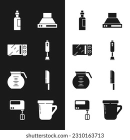 Set Blender, Microwave oven, Bottle of olive oil, Kitchen extractor fan, Coffee pot, Knife, cup and Electric mixer icon. Vector