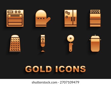 Set Blender, Open matchbox and matches, Cooking pot, Pizza knife, Grater, Refrigerator, Oven and glove icon. Vector