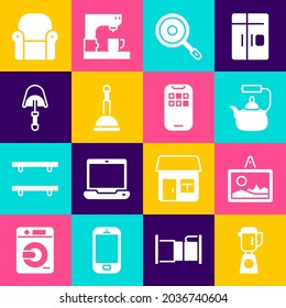 Set Blender, Picture, Kettle with handle, Frying pan, Rubber plunger, Spatula, Armchair and Mobile Apps icon. Vector