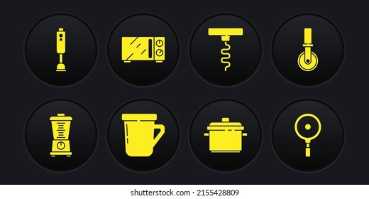 Set Blender, Pizza knife, Coffee cup, Cooking pot, Wine corkscrew, Microwave oven, Frying pan and  icon. Vector