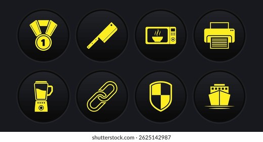 Set Blender, Impressora, Corrente link, Escudo, Micro-ondas forno e carne ícone helicóptero. Vetor