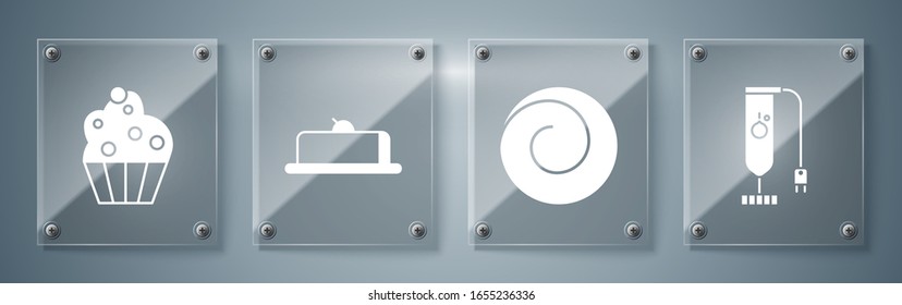 Set Blender , Roll bun with cinnamon , Strawberry cheesecake slice and Cupcake . Square glass panels. Vector