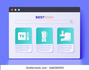 Ajuste Blender , Receptor y reproductor de la caja de TV con control remoto e icono del molino de carne de cocina. Vector