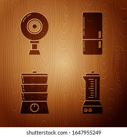 Set Blender , Web camera , Double boiler  and Refrigerator  on wooden background. Vector