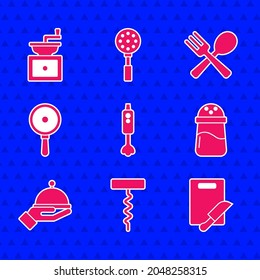 Set Blender, Wine corkscrew, Cutting board and knife, Salt, Covered with tray, Frying pan, Crossed fork spoon and Manual coffee grinder icon. Vector