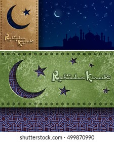Set Blessed Islamic festival backgrounds, Muslim vector design Ramadan Kareem greeting card template with arabic pattern
