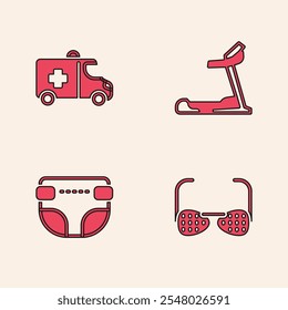 Conjunto de gafas ciegas, coche de emergencia, máquina caminadora e icono de pañal para adultos. Vector