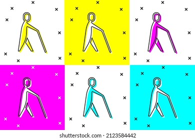 Set Blind human holding stick icon isolated on color background. Disabled human with blindness.  Vector