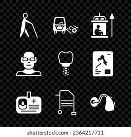 Set Blind human holding stick, Disabled car, Elevator para discapacitados, Identificación, Walker, Ayuda para audición, Visión pobre e icono del implante dental. Vector