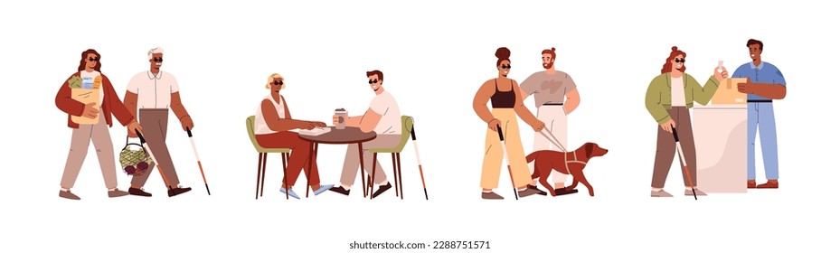 Set of blind people in dark glasses flat style, vector illustration isolated on white background. Inclusive communication, walking with guide dog and stick, vision disability