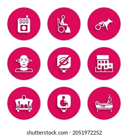 Set Blindness, Disabled wheelchair, Patient with broken leg, Medical hospital building, Man without legs sitting, Deaf, Dog and Press the SOS button icon. Vector