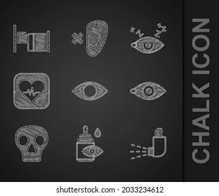 Set Blindness, Eye drop bottle, Inhaler, Reddish eye, Skull, Heart rate, Insomnia and Hospital bed icon. Vector