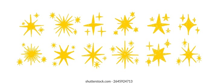 Set of blinking golden stars, Y2K graphic futuristic sign. Vintage twinkle burst shape, glowing light effect. Magic abstract pack for design template, poster, sky print. Vector crayon illustration