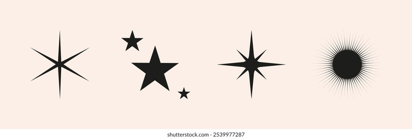 Conjunto de destello parpadeante, estrella, forma de sol. Explosión Abstractas, brillo y efectos de parpadeo para el diseño festivo del partido. Brillo de destello y Elementos gráficos flash. Ilustraciones vectoriales aisladas.