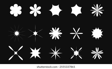 Set of blinking stars, sparkle firework decoration. Shining twinkle sunburst shapes collection