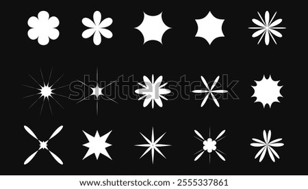 Set of blinking stars, sparkle firework decoration. Shining twinkle sunburst shapes collection