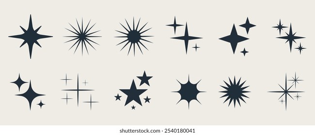 Conjunto de estrellas parpadeantes con chispas. Diferentes Formas estelares. Icono de chispa. Estrellas que caen brillan. Brillante colección de Formas de rayos de sol.