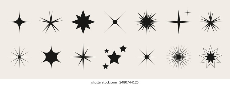 Set of blinking stars, sparks and sparkles. Shining twinkle sunburst shapes collection. Magic light flare pack for design template, poster, banner, brochure, leaflet. Vector glint glitter illustration