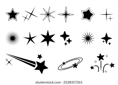 Conjunto de estrellas parpadeantes, chispas y destellos. Brillante colección de Formas de rayos de sol. Paquete mágico de la bengala de la luz para la Plantilla de diseño, cartel, Anuncio, folleto, folleto. Ilustración de brillo de Vector