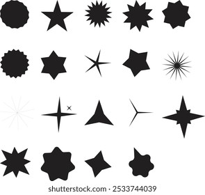 Conjunto de estrelas piscando, faíscas e brilhos. Brilhante brilho sunburst formas coleção. Magic Light Flare Pack para modelo de design, cartaz, banner, brochura, folheto. Ilustração de brilho de vetor