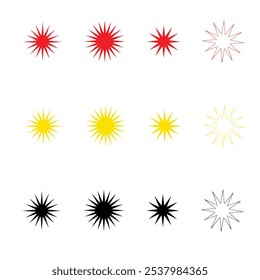 Conjunto de estrelas piscando, faíscas e brilhos. Brilhante brilho sunburst formas coleção. Magic Light Flare Pack para modelo de design, cartaz, banner, brochura, folheto. Ilustração de brilho de vetor