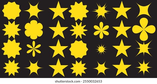 Conjunto de estrelas piscando, faíscas e brilhos. Brilhante brilho sunburst formas coleção. Magic Light Flare Pack para modelo de design, cartaz, banner, brochura, folheto. Ilustração de brilho de vetor