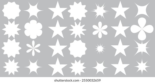 Conjunto de estrelas piscando, faíscas e brilhos. Brilhante brilho sunburst formas coleção. Magic Light Flare Pack para modelo de design, cartaz, banner, brochura, folheto. Ilustração de brilho de vetor