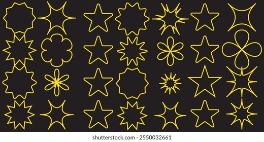 Conjunto de estrelas piscando, faíscas e brilhos. Brilhante brilho sunburst formas coleção. Magic Light Flare Pack para modelo de design, cartaz, banner, brochura, folheto. Ilustração de brilho de vetor