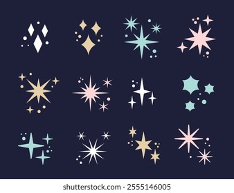 Set of blinking stars, sparks and sparkles. Shining twinkle sunburst shapes collection. Magic light flare pack for design template, poster, banner, brochure, leaflet. Vector glint glitter illustration