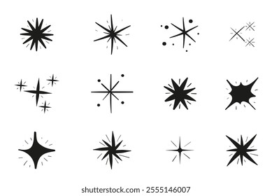 Set of blinking stars, sparks and sparkles. Shining twinkle sunburst shapes collection. Magic light flare pack for design template, poster, banner, brochure, leaflet. Vector glint glitter illustration