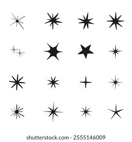 Set of blinking stars, sparks and sparkles. Shining twinkle sunburst shapes collection. Magic light flare pack for design template, poster, banner, brochure, leaflet. Vector glint glitter illustration