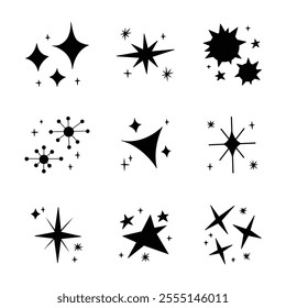 Set of blinking stars, sparks and sparkles. Shining twinkle sunburst shapes collection. Magic light flare pack for design template, poster, banner, brochure, leaflet. Vector glint glitter illustration