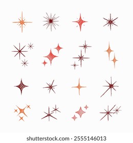 Set of blinking stars, sparks and sparkles. Shining twinkle sunburst shapes collection. Magic light flare pack for design template, poster, banner, brochure, leaflet. Vector glint glitter illustration