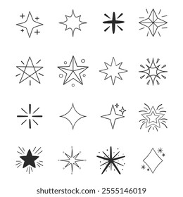 Set of blinking stars, sparks and sparkles. Shining twinkle sunburst shapes collection. Magic light flare pack for design template, poster, banner, brochure, leaflet. Vector glint glitter illustration