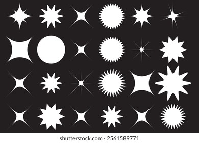 Set of blinking stars, sparks and sparkles. Shining twinkle sunburst shapes collection. Magic light flare pack for design template, poster, banner, brochure, leaflet. Vector glint glitter illustration