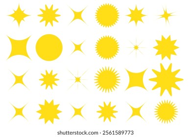 Set of blinking stars, sparks and sparkles. Shining twinkle sunburst shapes collection. Magic light flare pack for design template, poster, banner, brochure, leaflet. Vector glint glitter illustration